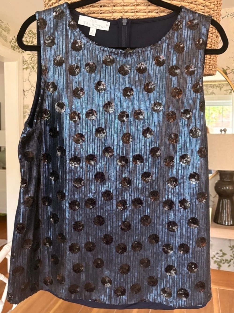 Talbots Navy Top with Black Iridescent Sequins